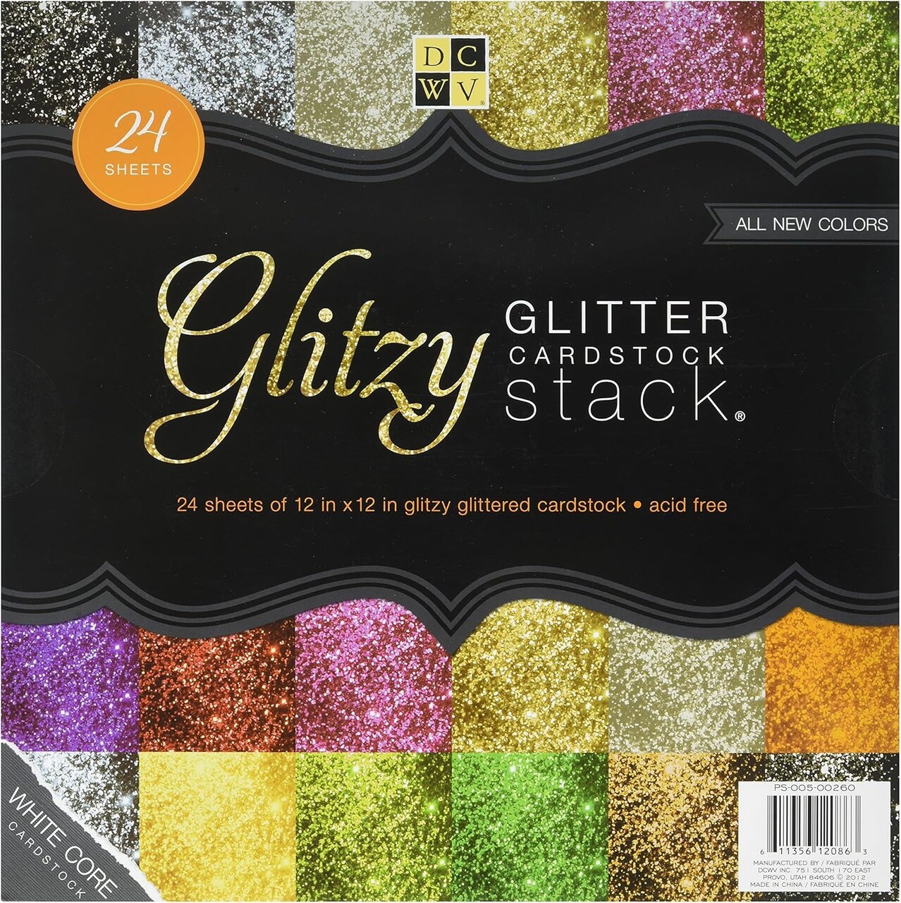 DCWV The Glitzy Glitter Cardstock Stack 12 in x 12 in 24 sheets PS-005-00260 6 solid colors of premium glitzy craft paper